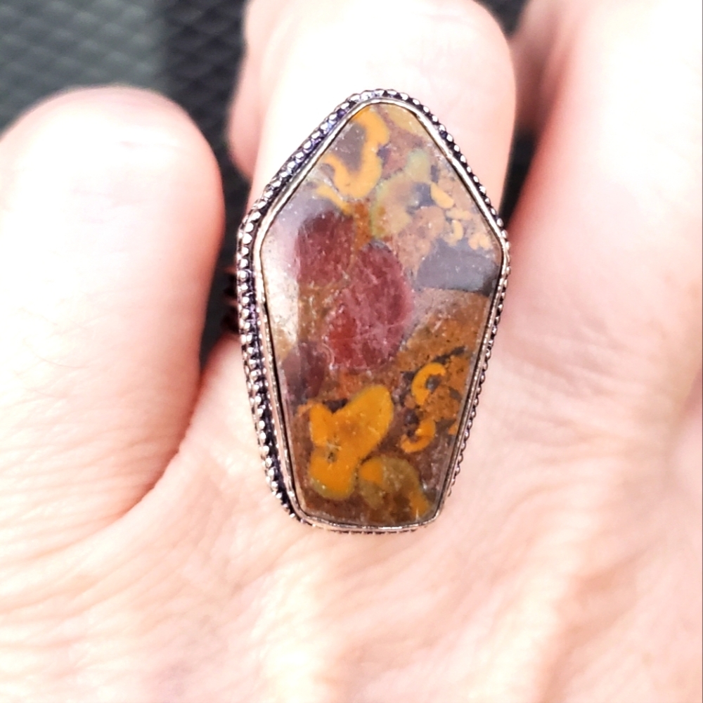 New Bamboo Jasper 925 Coffin Silver Ring.